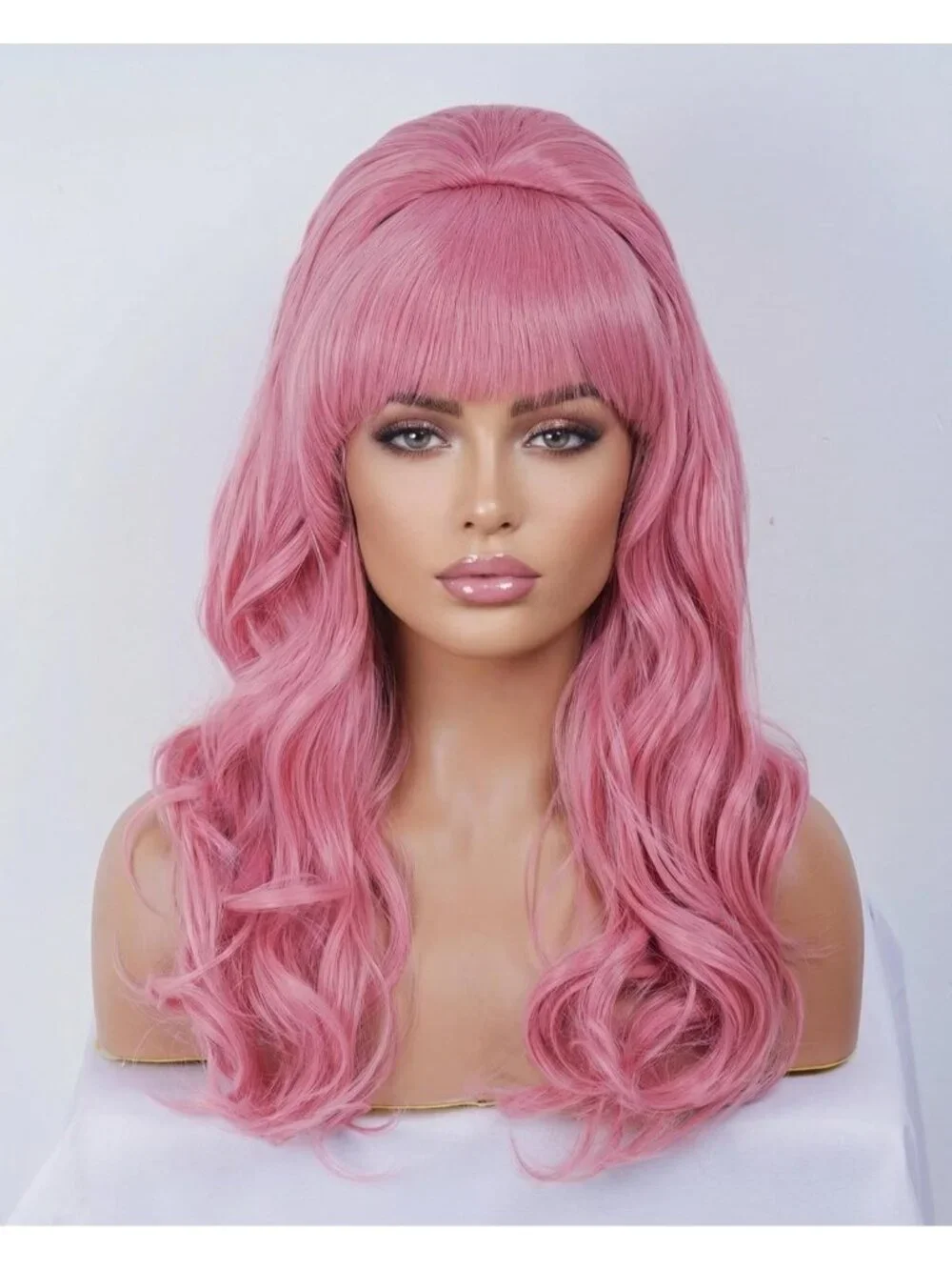 Women's Pink Heat Resistant Synthetic Fiber Retro Long Wavy Wigs Bangs